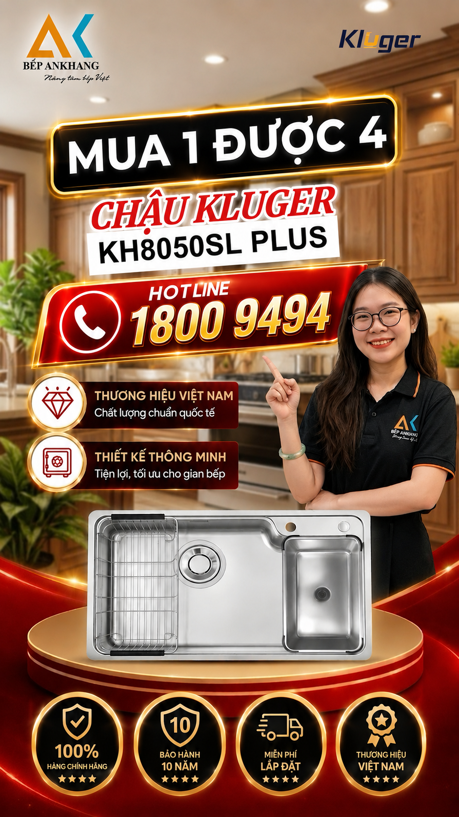 [AN KHANG] MUA 1 ĐƯỢC 4 - CHẬU 1 HỐ INOX 304 KLUGER KH8050PLUS - SUPER LINEN 